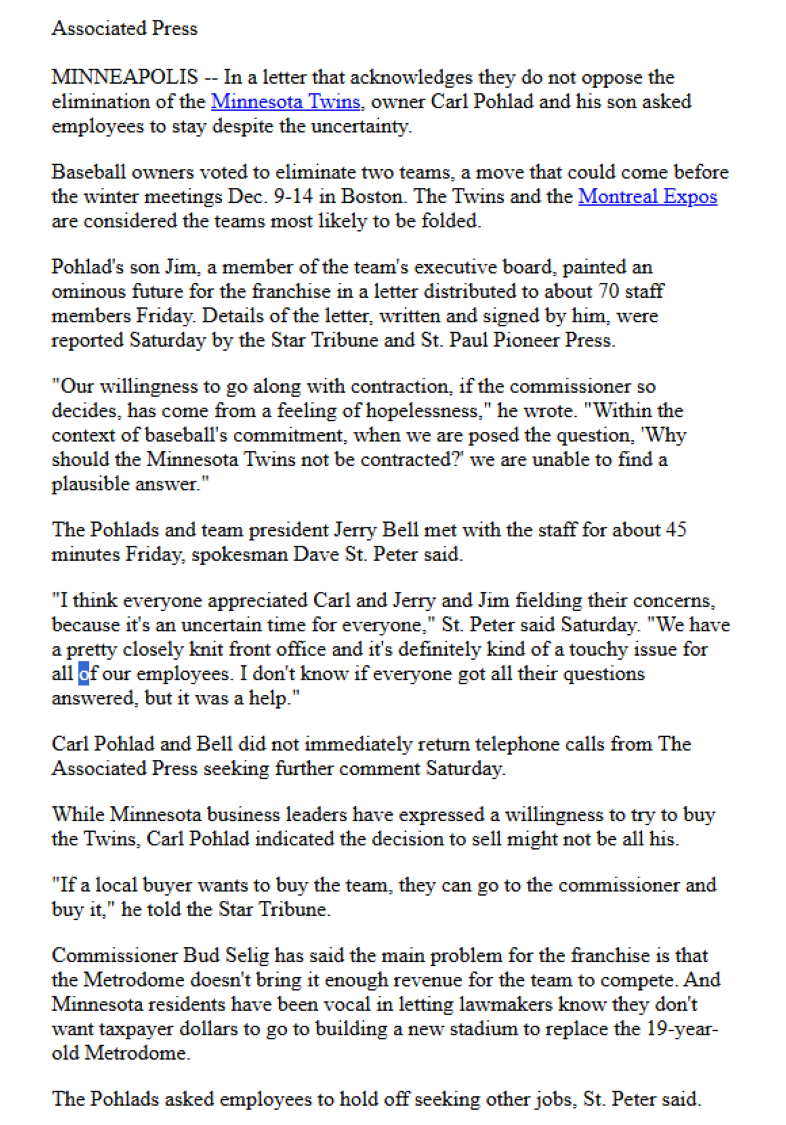 Minnesota Twins letter 0